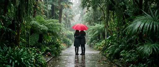 Couple Under Red Umbrella in Rainy Garden