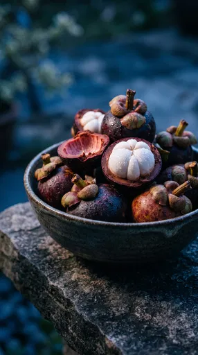 Fresh Mangosteens in Ceramic Bowl at Dusk