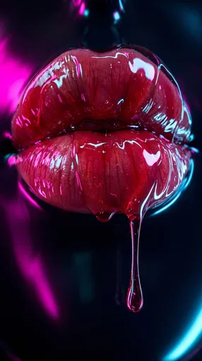 Glossy Ruby Lips with Neon Reflections