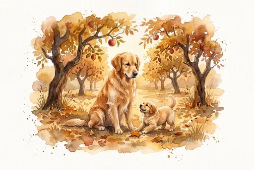 Watercolor Golden Retriever and Puppy in Orchard