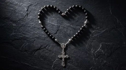 Heart Shaped Black Rosary on Slate
