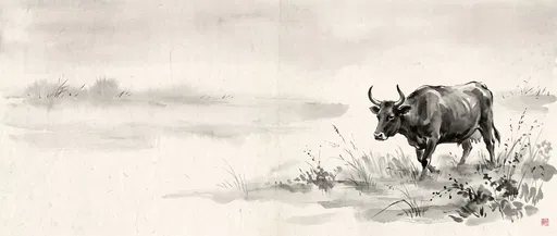 Sumi-e Ink Wash Horned Cow