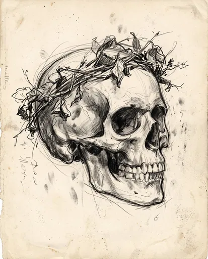 Charcoal Sketch of Wreath-Crowned Skull
