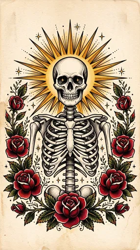 Traditional Tattoo Skeleton with Sunburst and Roses