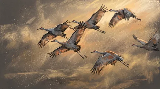 Pastel Illustration of Flying Sandhill Cranes