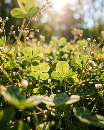 Sunlit Four-Leaf Clovers in Spring Meadow