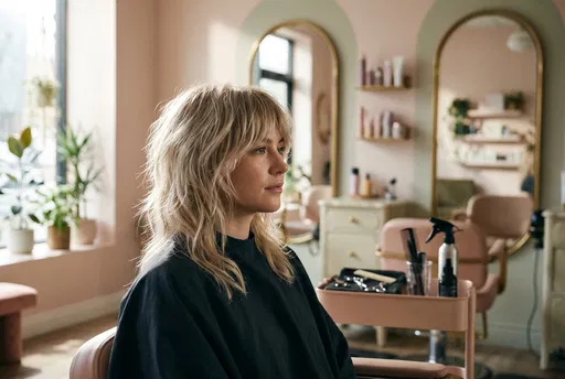 Woman With Blonde Shag Haircut in Salon