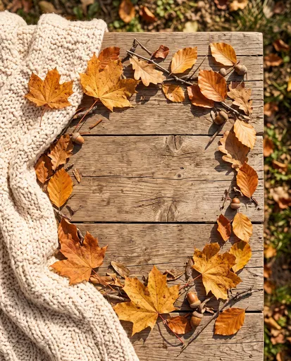 Autumn Leaves and Knit Blanket on Wood