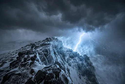 Lightning Strike Over Snowy Mountain Ridge