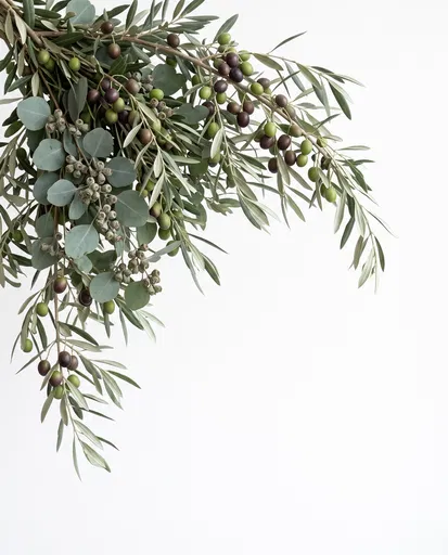 Olive and Eucalyptus Branch on White