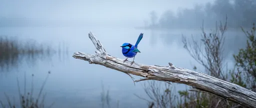 Splendid Fairywren on Driftwood by Misty Lake