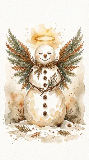 Watercolor Snowman Angel with Pine Wings