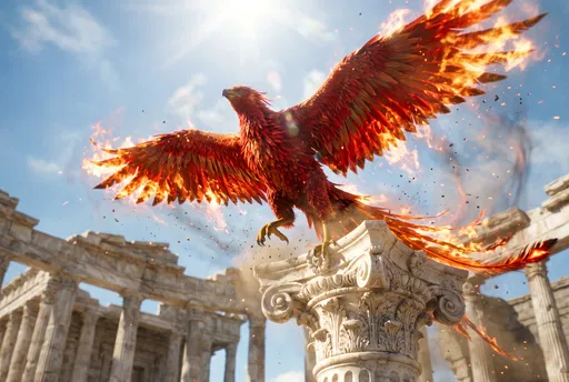 Flaming Phoenix Launching From Marble Pillar