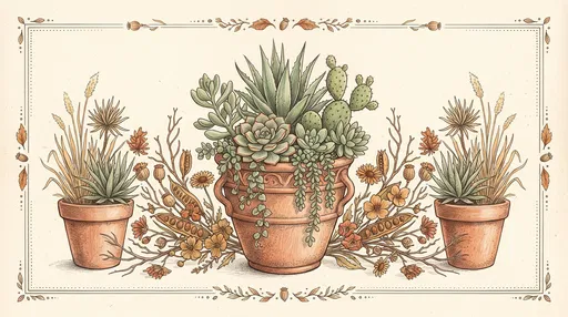 Botanical Illustration of Potted Desert Succulents