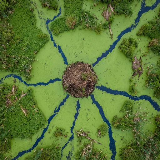 Aerial View of Muskrat Lodge in Marsh