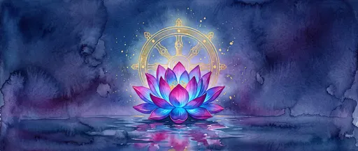 Watercolor Lotus and Golden Dharma Wheel