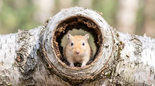 Light Apricot Gerbil Inside Hollow Birch Log
