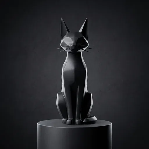Geometric Black Cat Sculpture on Pedestal