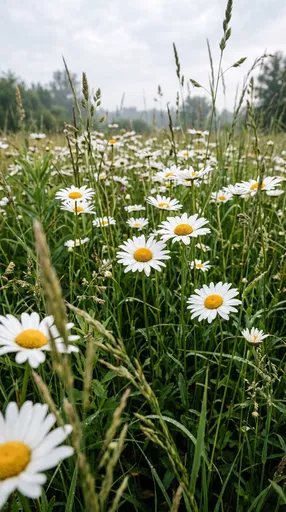 Wild Oxeye Daisies in Morning Meadow