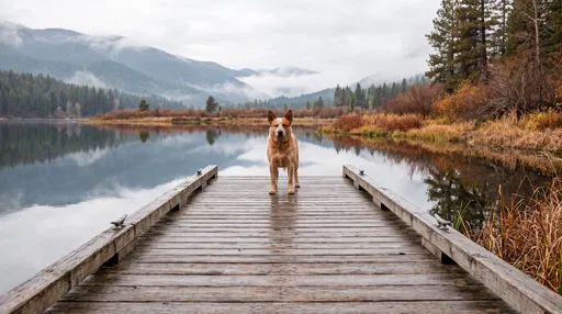 Red Heeler Dog on Mountain Lake Dock