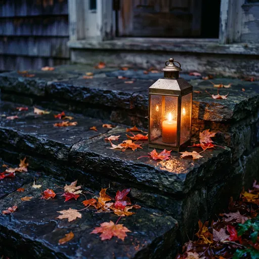 Glowing Lantern on Wet Autumn Steps