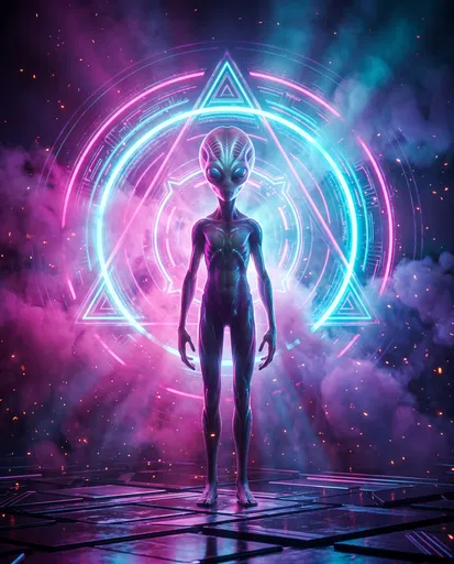 Humanoid Alien in Glowing Neon Portal