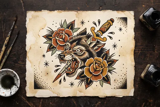 Traditional Wolf Tattoo Flash Sheet Flat Lay