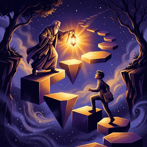 Mentor Guiding Student With Glowing Lantern