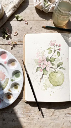 Watercolor Apple Blossom Sketchbook Flat Lay