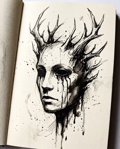 Ink Sketch of Antlered Weeping Face