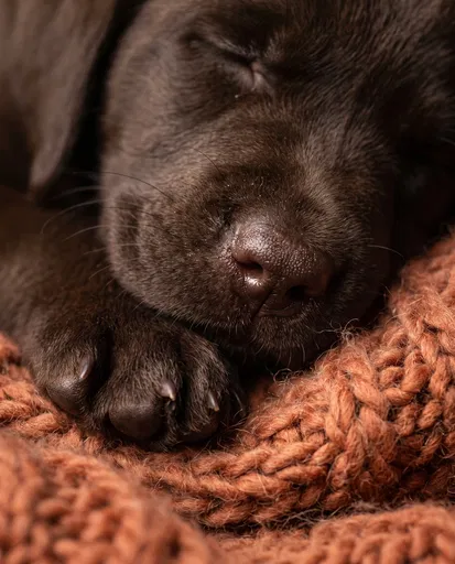 Sleeping Chocolate Labrador Puppy on Knit Blanket