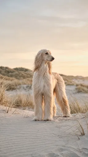 Cream Afghan Hound on Coastal Sand Dunes