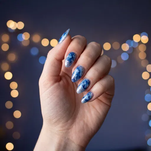Blue Watercolor Gel Nails With Silver Glitter