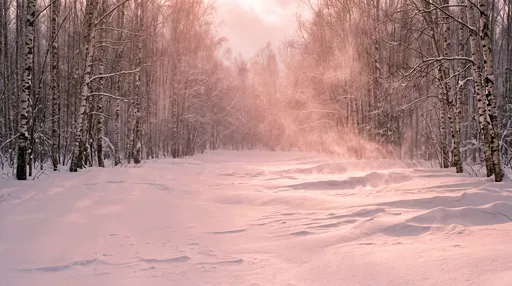 Snowy Birch Forest Clearing in Pink Light