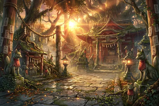 Mystical Anime Shrine at Sunset