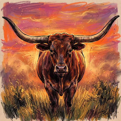 Texas Longhorn at Sunset Illustration