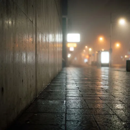 Foggy Night Sidewalk by Concrete Wall