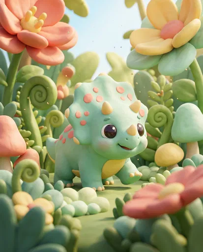 Cute Clay Baby Triceratops in Meadow
