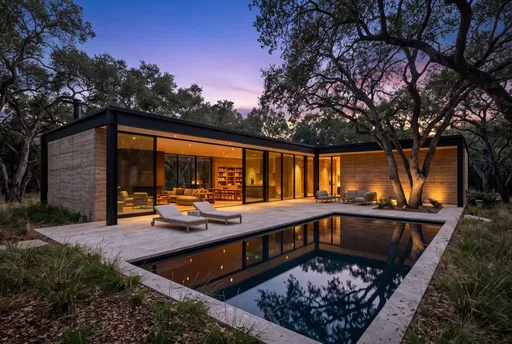 Modern Rammed-Earth House at Dusk