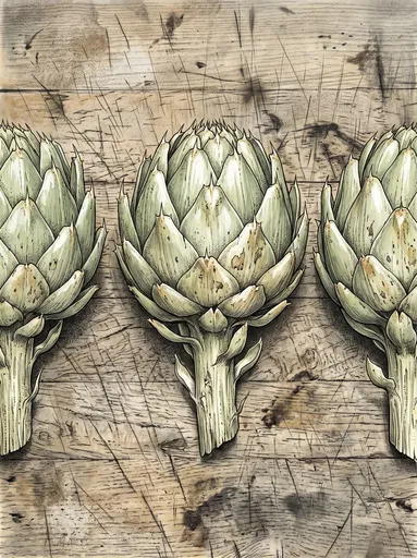 Botanical Illustration of Three Thorny Artichokes
