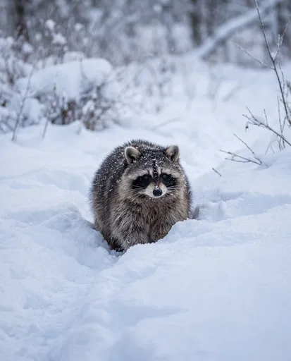 Fluffy Raccoon Sitting in Deep Winter Snow