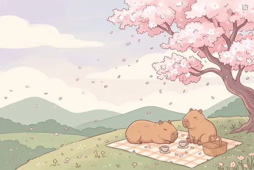 Capybaras Picnicking Under Cherry Blossom Tree
