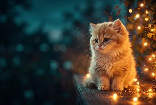 Fluffy Golden Kitten Near Glowing Lights