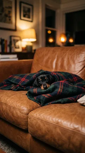 Dachshund Puppy Under Tartan Blanket on Sofa