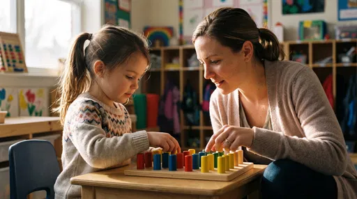 Teacher and Girl Playing With Peg Board