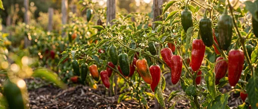 Ripening Chili Peppers in Golden Hour Garden