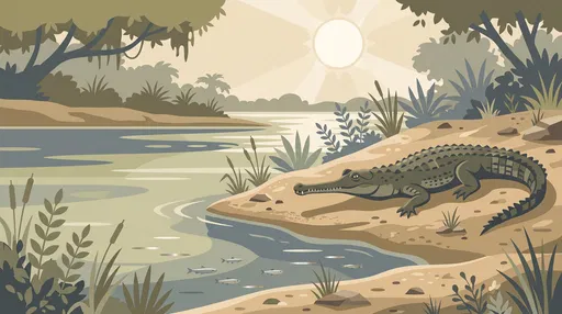 Gharial Basking on Sunny Riverbank Illustration