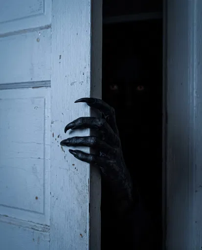 Shadowy Clawed Hand Gripping Closet Door