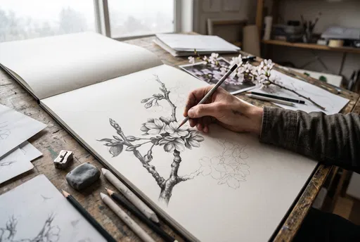 Artist Drawing Cherry Blossoms in Sketchbook
