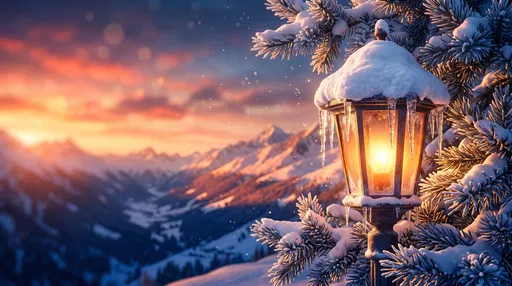 Glowing Lantern in Snowy Mountain Sunset
